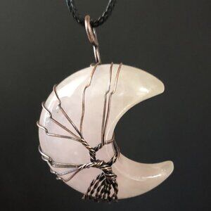 Rose Quartz Crescent Moon Natural Gemstone Tree Of Life Copper Wire Wrap Pendant